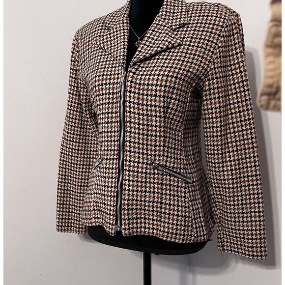 Vtg Y2K Tweed Houndstooth Blazer Jacket Wool Womens Small Zip Pocket Preppy - Picture 9 of 15